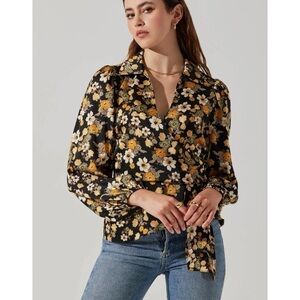 ASTR Asymmetrical Collared Floral Wrap Top satin blouse peasant cottagecore XL